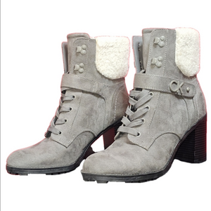 Calvin Klein Eliana Gray Shearling lined Platform Heeled Lace Up Boots